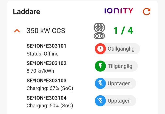 Mobilsideskärm som visar status för olika laddstationer med priser och tillgänglighet.