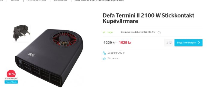 Defa Termini II 2100W kupévärmare med stickkontakt och röd svart galler, rabattmarkering.