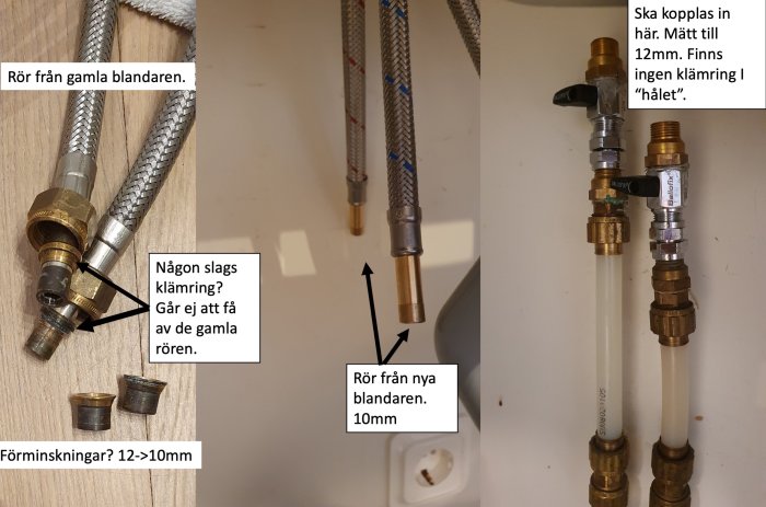 Rörkopplingar för blandare med etiketterade delar; klämringar, förminskningar och vattenanslutningar som märkts för diskussion.