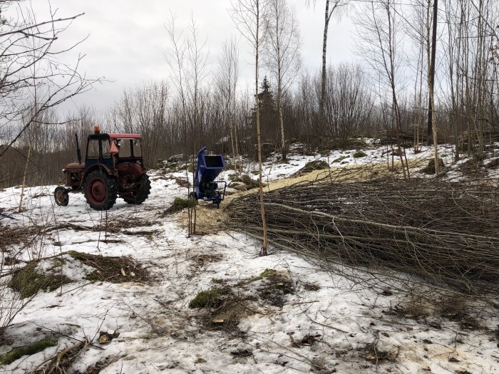 Traktor i skogsområde med snötäckt mark och upplagda grenar, kopplat till slipning av motorsågs kedjor.