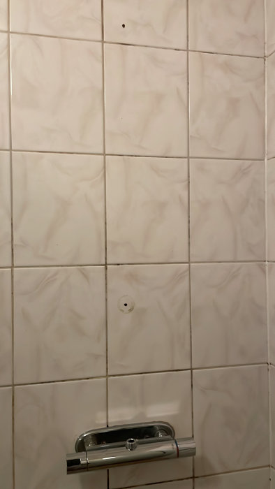 Vägg i badrum med kakel och två hål, en metallstång och en hållare under det övre hålet.