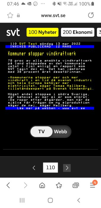 Text-TV-sida från SVT med rubriken "Kommuner stoppar vindkraftverk", mobilgränssnitt.
