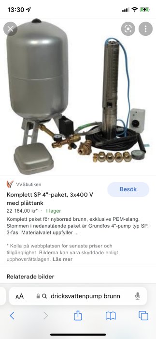 Olika delar av en komplett brunnpumpspaket med tryckkärl, kontrollbox och fittings.