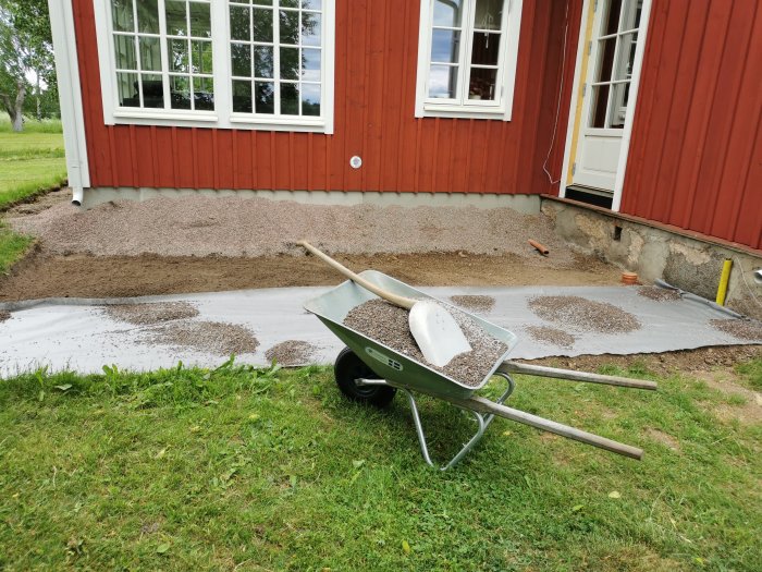 Markförberedelse med markduk och utlagt grus vid röd stuga, skottkärra med grus framför.