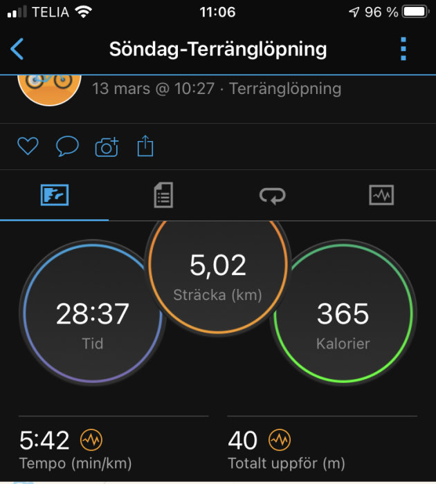 Skärmdump av träningsapp med statistik för terränglöpning: distans 5,02 km, tid 28:37, förbrukade kalorier 365.