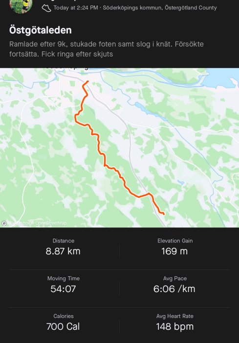 Skärmdump av aktivitetsspårning som visar 8,87 km löpt med detaljer om tid, kaloriförbrukning och puls.