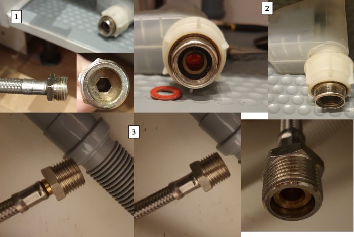 Samling av fem bilder visar rörkopplingar och muttrar för diskmaskin, fokus på gängor och passform.