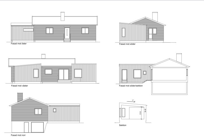 Arkitektritningar av ett 50-tals hus med olika fasadvyer och sektionsskiss.