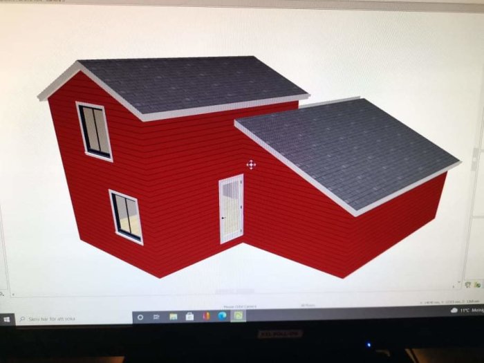 3D-modell av ett rött hus med svart tak och vita fönster, visat på en datorskärm.