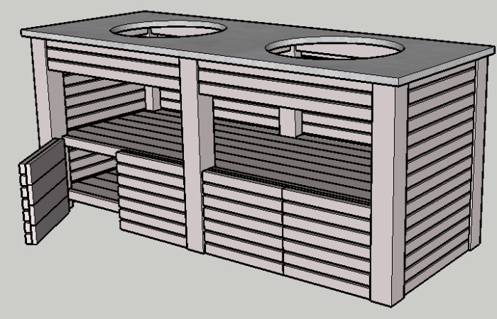 3D-modell av en träköksö med ribbor, inbyggda hyllor och två runda diskhoar.