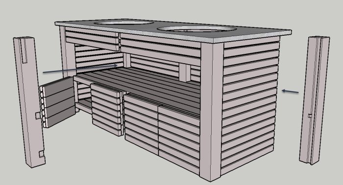 3D-modellerad köksö med ribbor mellan stolpar på gavlarna och inbyggda hyllor.