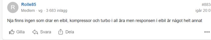 Skärmdump av ett foruminlägg av användaren 'Rolle85' som diskuterar elbilar, kompressorer och turbo.