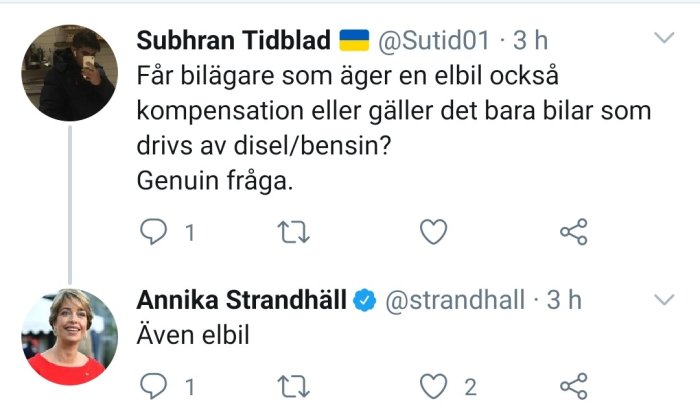 Skärmdump av Twitter-konversation om kompensation för elbilsägare.