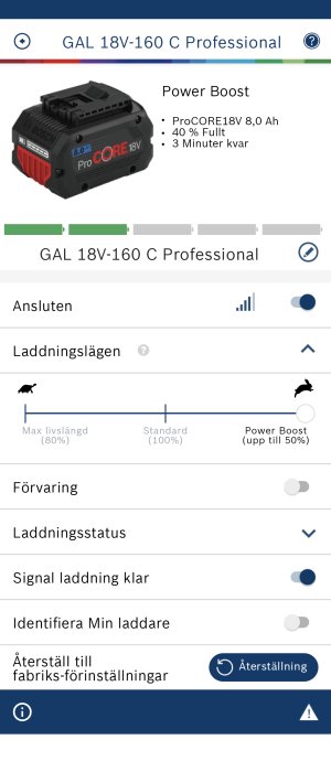 Skärmavbild av batteriladdare med power boost-funktion och olika inställningar för laddningslägen och status.