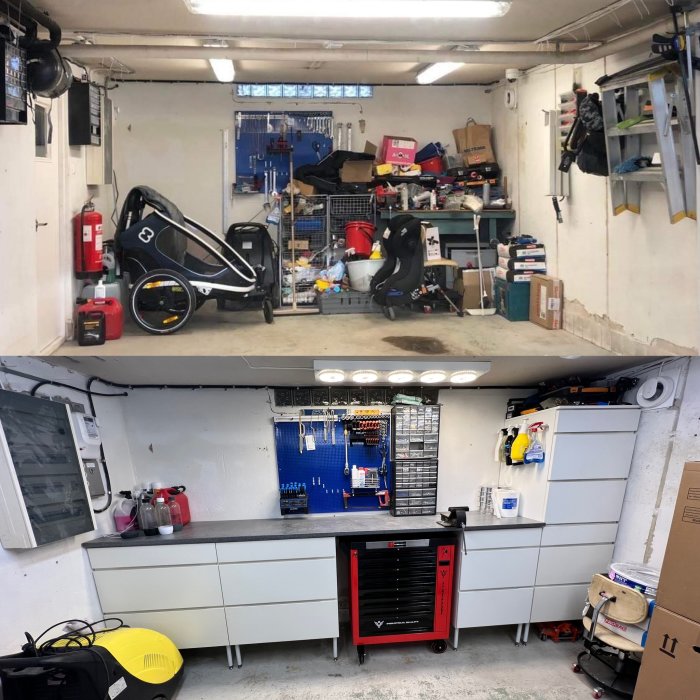 Före-och-efter-bilder av ett organiserat garage med verktygsvagn och vägghängda verktyg.