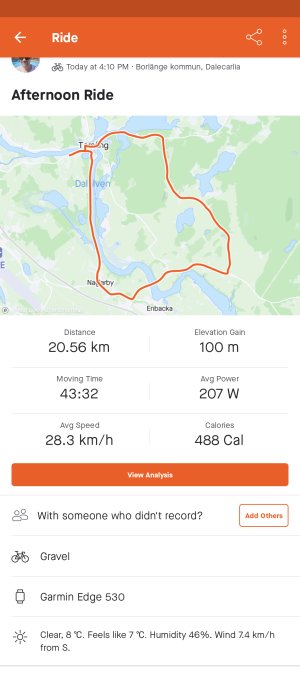 Cykelturkarta och statistik över distans, tid, hastighet och förhållanden i Borlänge kommun.
