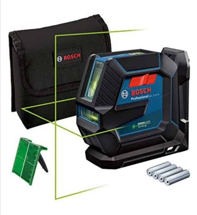 Bosch Professional GLL 2-15 G lasernivellerare med gröna laserlinjer, batterier och väska.