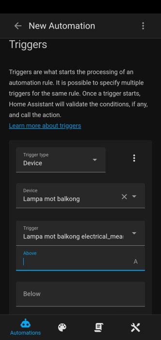 Skärmdump av en ny automatiseringssida som visar triggern för en lampa mot balkong i en hemautomationsapp.