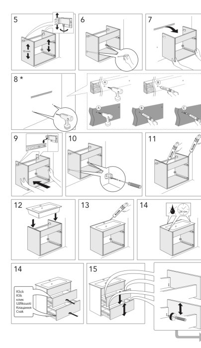 Illustrationsinstruktioner för montering av kommod med tillhörande skruvar och väggfästen.