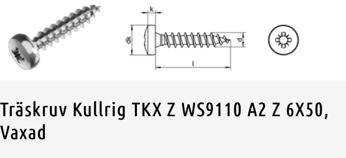 Träskruv med kullrigt huvud och tekniska ritningar, 6x50mm storlek, för montering i vägg.