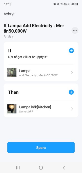 Skärmdump av Smartlife-automatiseringsregel, 'Om lampa drar mer än 50,000W då stäng av kökslampa'.