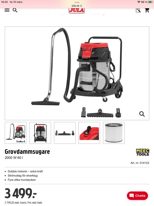 Grovdammsugare från MEEC Tools på rea för 600 kr, originalpris 3 499 kr, med tillbehör och produktinformation.