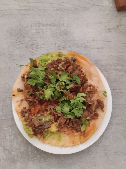 En taco med köttfyllning och koriander på en vit tallrik mot en grå träbakgrund.