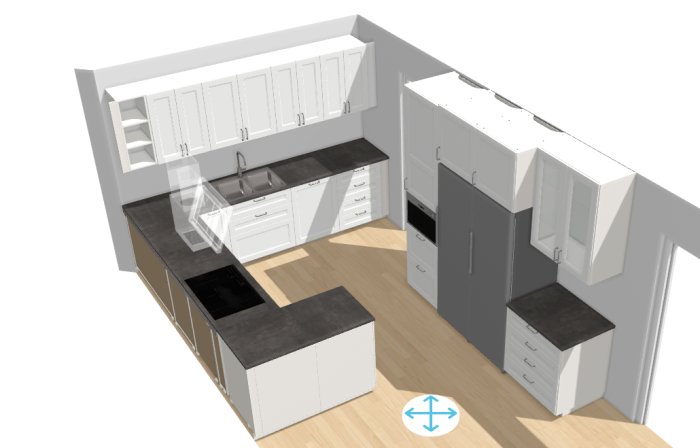 3D-modell av en kökslayout med vita skåp, grått golv och mörka bänkskivor, inklusive diskho och inbyggd ugn.