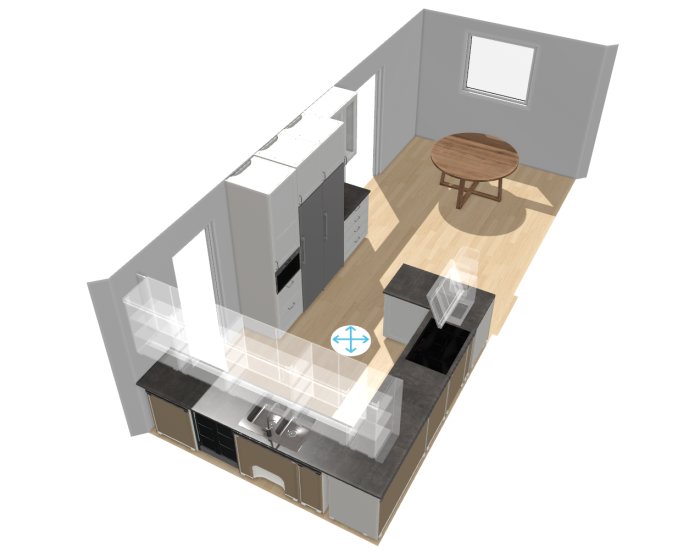 3D-layout av kök med överskåp, bänk med diskho, spishäll, matbord och plats för mikro i högskåp.