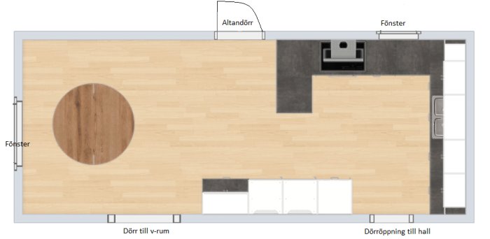 Layoutskiss av ett kök med markerade positioner för spis, ugn, mikro och diskho, samt planering för belysning och möblering.