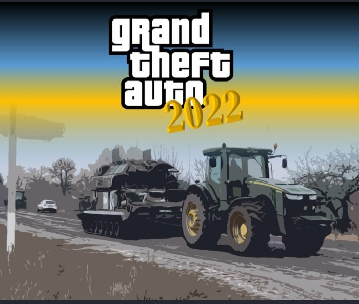 Illustration av en traktor och en pansarvagn med texten "Grand Theft Auto 2022" mot en solnedgång.