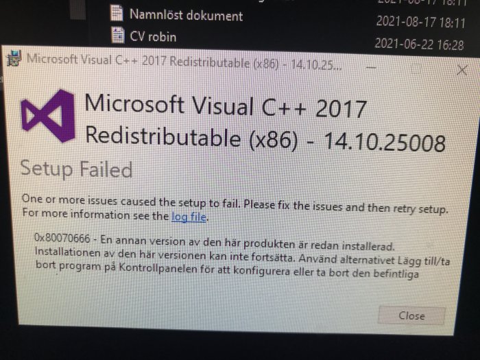 Felmeddelande för Microsoft Visual C++ 2017 Redistributable setup misslyckades på en datorskärm.