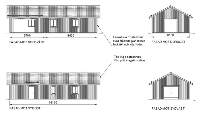 Arkitektoniska ritningar av en fristående garagebyggnad med måttangivelser och fasadbeskrivningar.