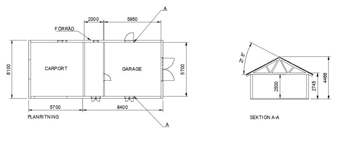Ritning av enkel-carport med garage och förråd, samt sektion A-A visande taklutningen.