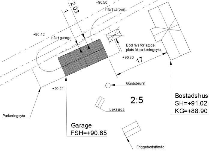 Situationsplan med mått för planerat garage, carport, bostadshus, lekstuga och gårdsbrunn.