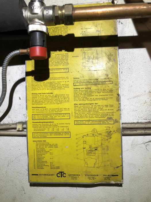 Gammal gul instruktionsdekal från CTC för en värmepanna, med diagramer och tekniska instruktioner, monterad på en vägg.