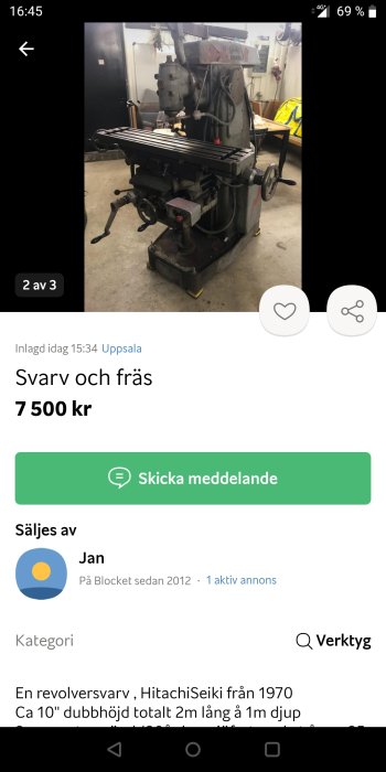 Industriell svarv och fräsmaskin i verkstadsmiljö, begagnad, till salu.