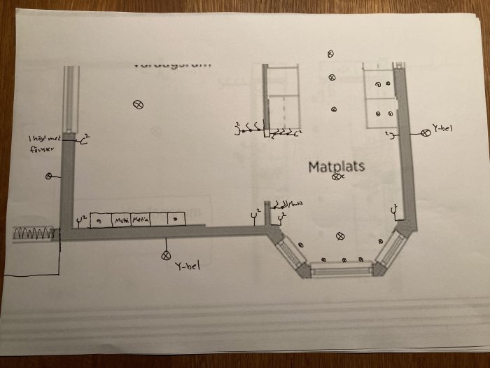 Skiss av en bostadsplan med markerade elpunkter för ombyggnad, inklusive matplats och burspråk.