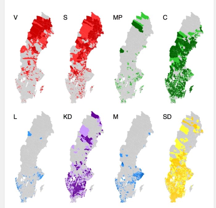 Kartor över Sverige som visar geografisk fördelning av olika politiska partier i olika färger.