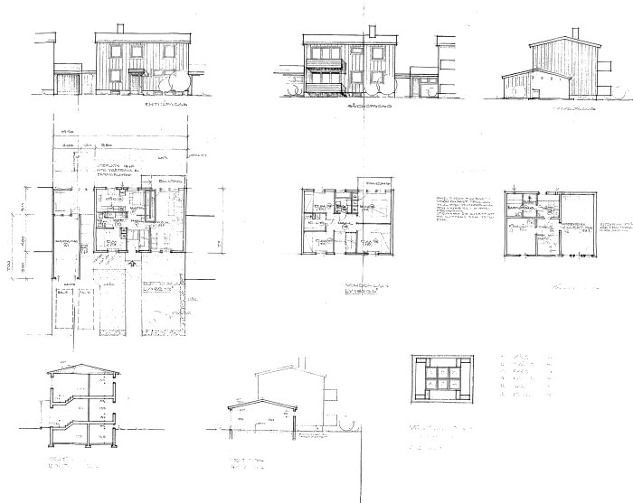 Arkitektritningar av hus med olika vyer och planlösningar, vissa detaljer markerade med grå rektanglar.