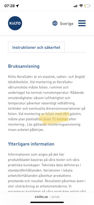 Skärmdump av Kiilto hemsida med bruksanvisning för KeraSafe+ tätskiktsfolie och monteringsregler.