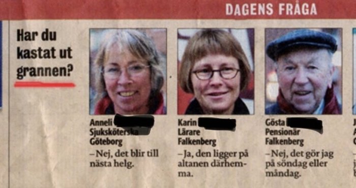 Tidningsutdrag med "Dagens fråga", tre personer med olika svar, rubrikfråga om att kasta ut granen.