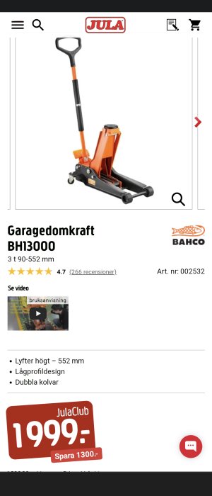 Orange och svart garagedomkraft BH13000 från Bahco, erbjudandepris genom JulaClub.