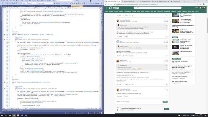 Skärmdump av en kodredigerare och en webbläsare med ett diskussionsforum öppet.
