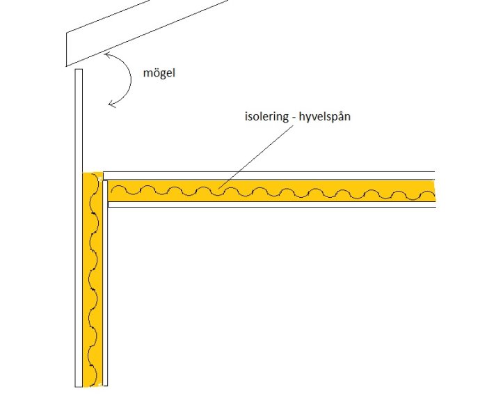 Schematisk ritning av en väggsektion som visar isolering av hyvelspån och mögelpåväxt vid takfoten.