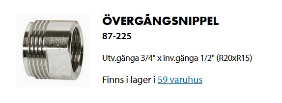 Övergångsnippel från 3/4" till 1/2" (R20xR15) från Biltema, artikelnummer 87-225, visas mot vit bakgrund.