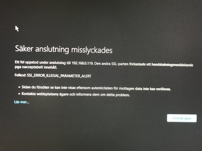Skärmbild av felmeddelande om misslyckad säker anslutning med SSL-felkod.
