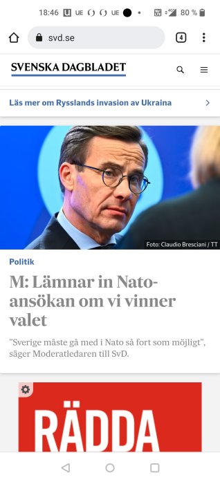 Man i kostym och glasögon ser allvarlig ut, rubrik om Nato och Svenska Dagbladets logotyp.
