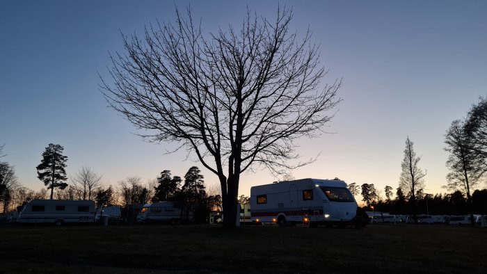 Kvällsvy över en campingplats med husvagnar och träd mot en blåorange himmel.