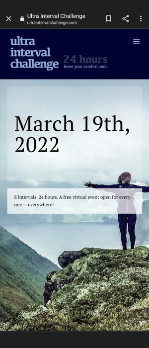 Person med utsträckta armar står på klippa med texten "March 19th, 2022" och "Ultra Interval Challenge" ovanför.